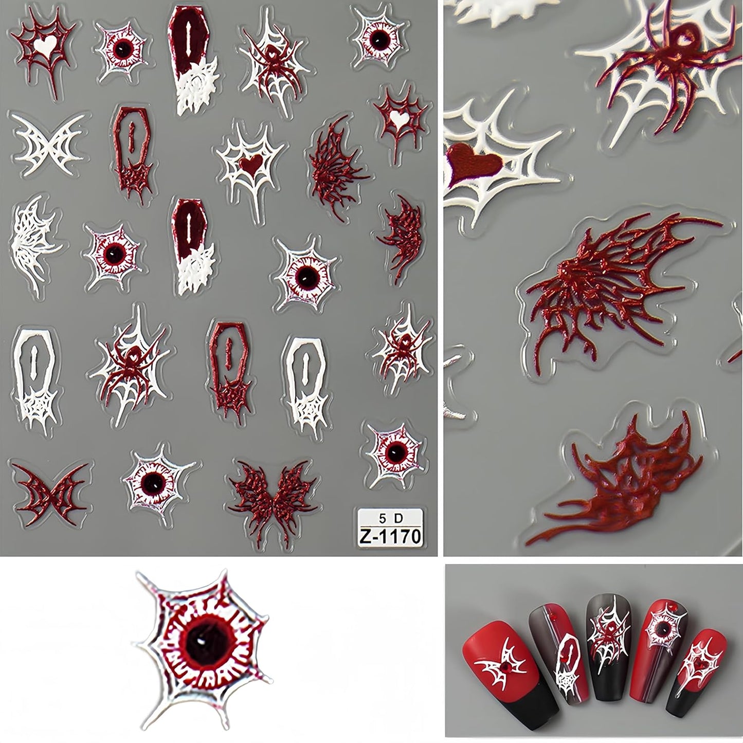 Halloween Nail Art Stickers Skull Ghost 5D Exquisite Embossed Self-Adhesive Nail Decals Scary White Skull Red White Spider Web Designs Nail Decals for Women Girls DIY Nail Decoration 3Sheets