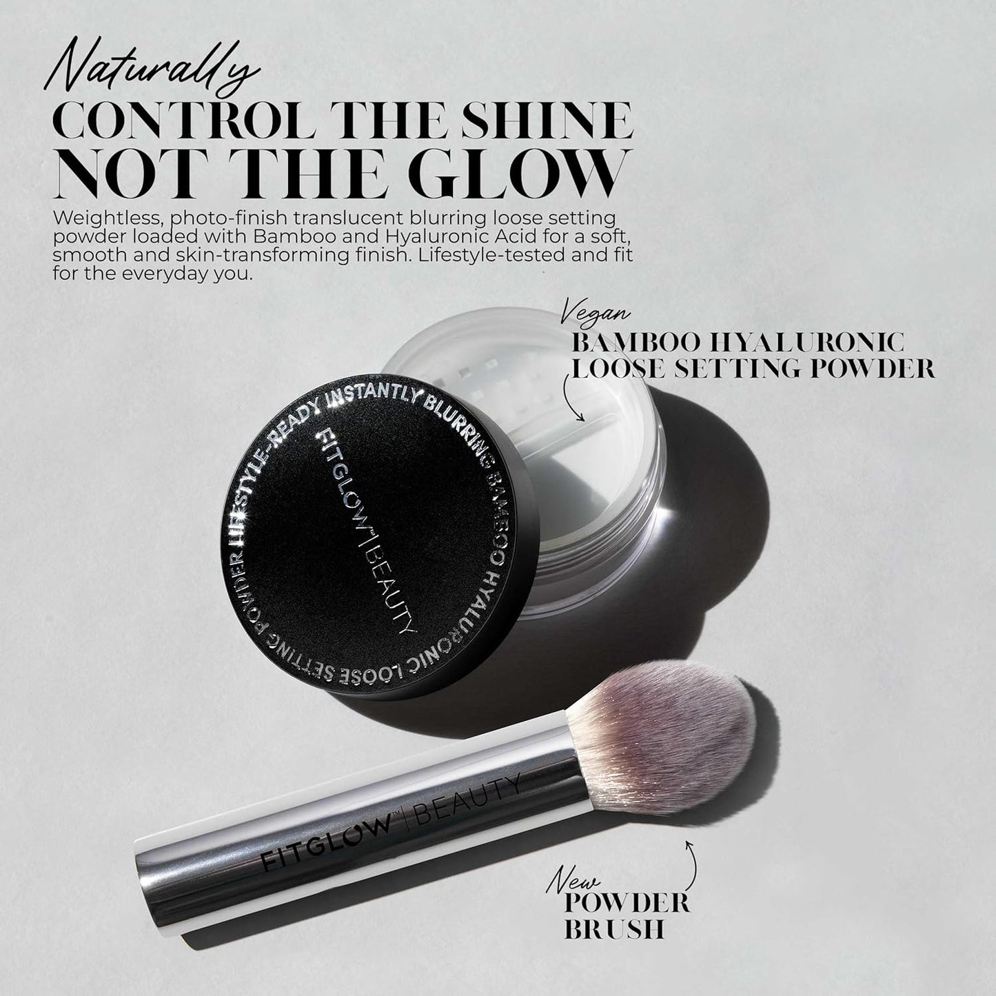 Fitglow Beauty Bamboo Hyaluronic Loose Setting Powder + Brush | Translucent Vegan Organic | Weightless Photo Finish | Pore Blurring | Natural Shine & Oil Control Makeup Finishing Powder | .32 oz / 9g