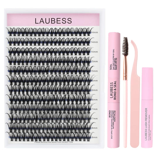 Lash Extension Kit LAUBESS Lash Clusters Kit Cluster Eyelash Extensions Kit Eyelash Clusters Lash Bond and Seal Waterproof Tweezers Brush Lash Glue Remover (Kit 40D-D-Mix14-18)