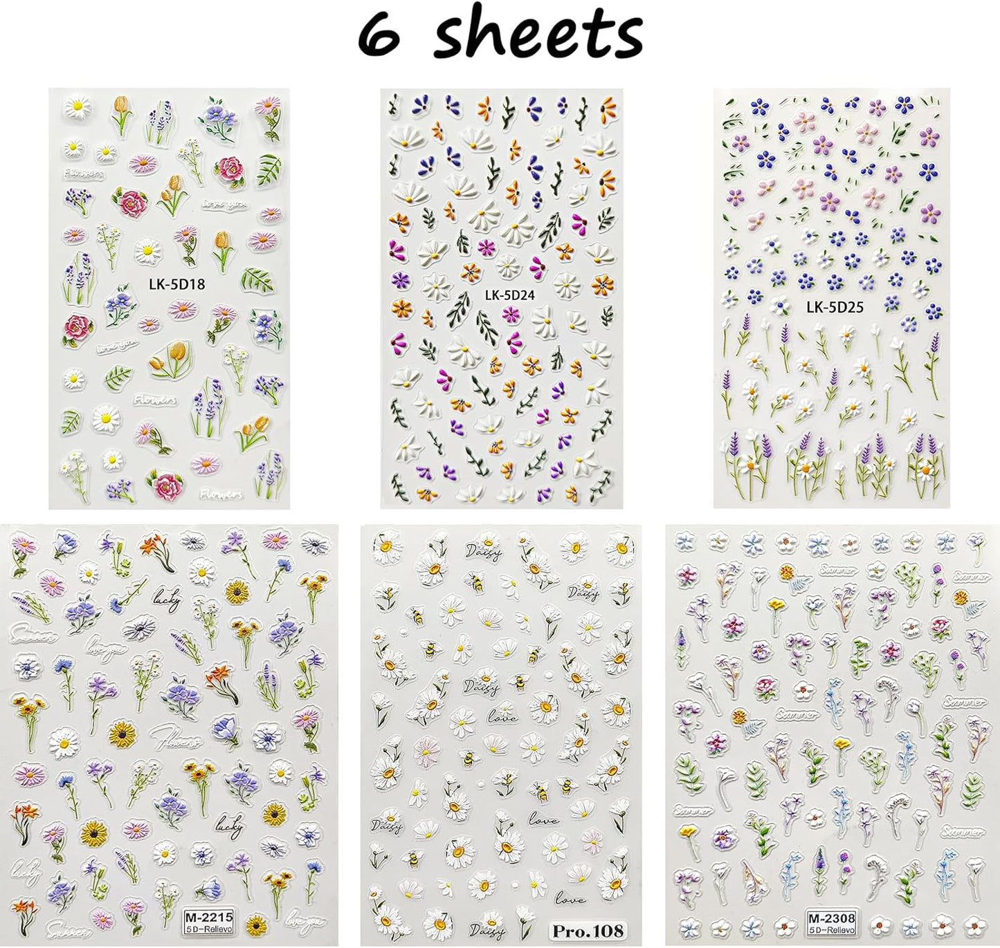Flower Nail Stickers for Nail Art 5D Embossed Nails Decals Self Adhesive Spring Summer Floral Nails Decoration for Women 3D Design Colorful Flower Daisy Lavender Supplies