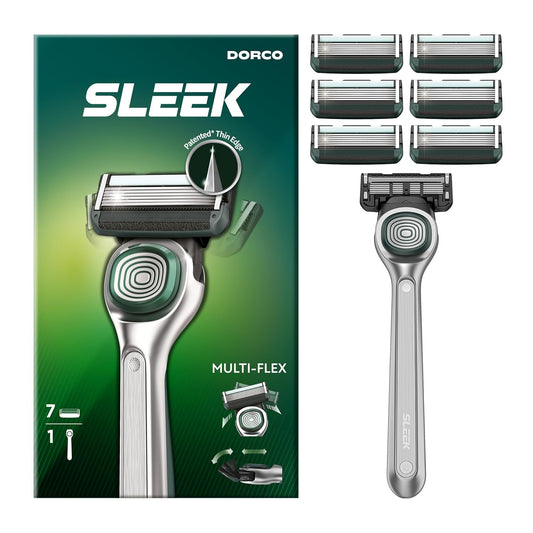 DORCO SLEEK Six Blade Razor System with Multi-Flex Technology, Precision Shaving Razor Handle, Includes 7 Cartridges