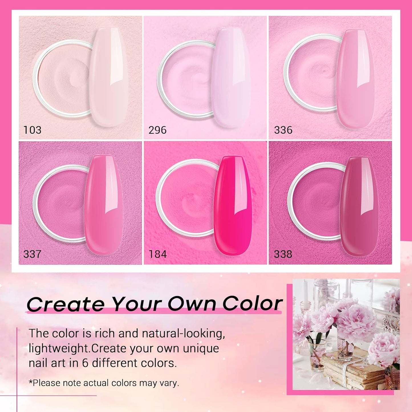 AZUREBEAUTY Pink Dip Powder Nail Set, 6 Colors Light Hot Pink Cherry Blossom Shades Dipping Powder Starter Kit, French Nail Art Manicure, No Need Nail Lamp Cured DIY Salon