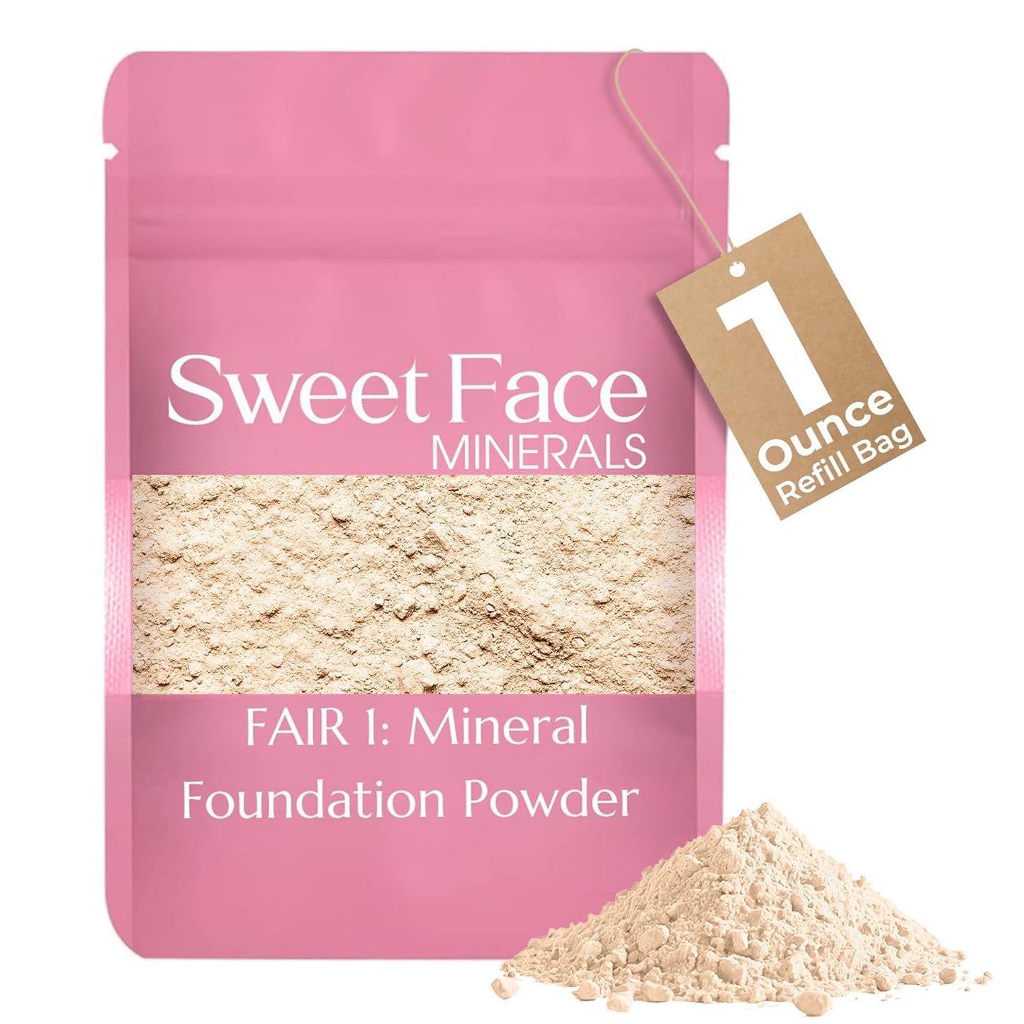 1 Ounce Fair Shade 1 Foundation Powder Refill By Sweet Face Minerals, Lightweight Mineral Loose Makeup Powder with SPF 20, Full Coverage Flawless Finish, Talc-free, Cruelty-Free, Refill Pouch
