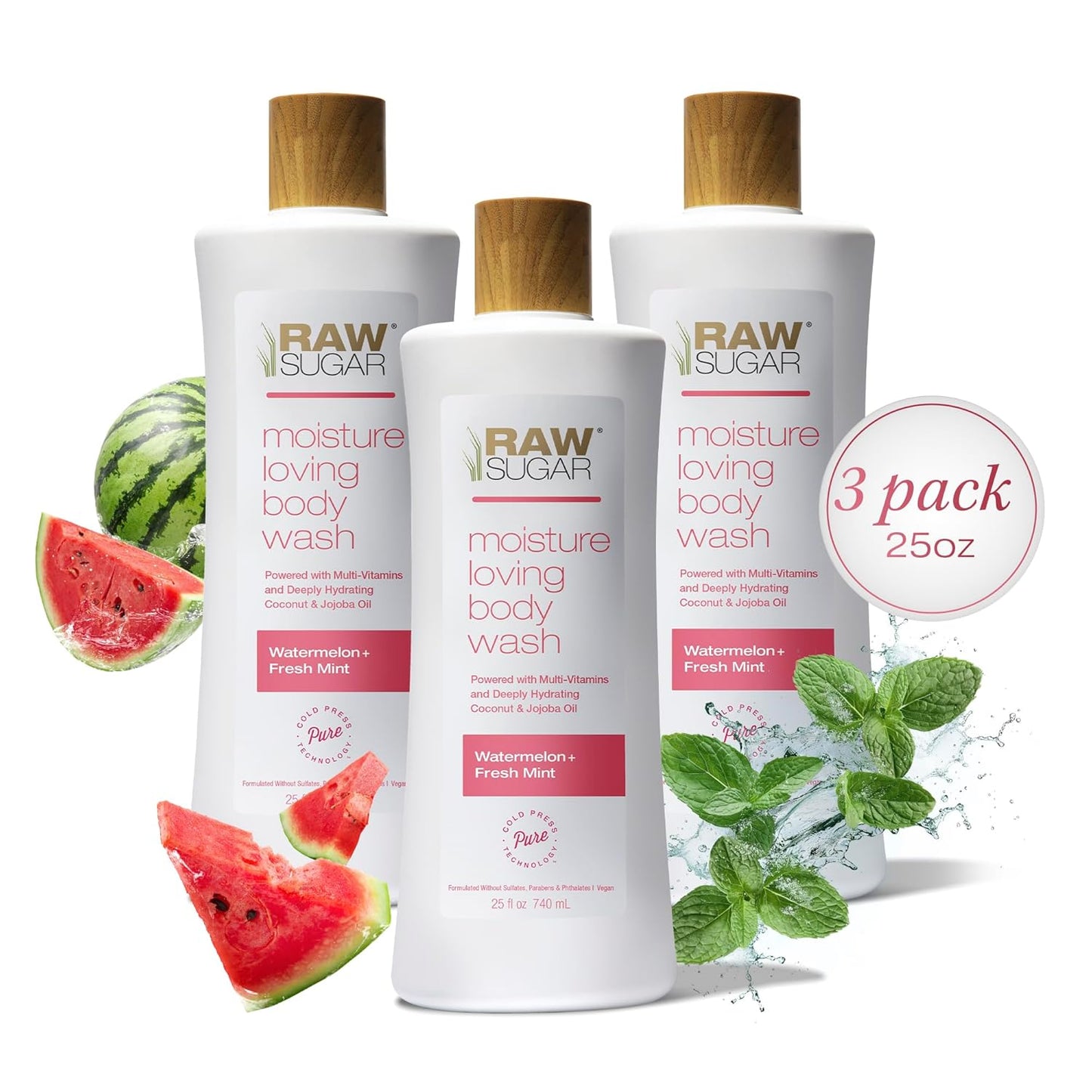 RAW SUGAR Moisture Loving Body Wash - Watermelon + Fresh Mint, Moisturizing & Refreshing Bath & Shower Gel, Sulfate-Free, Paraben-Free & Vegan (Pack of 3)