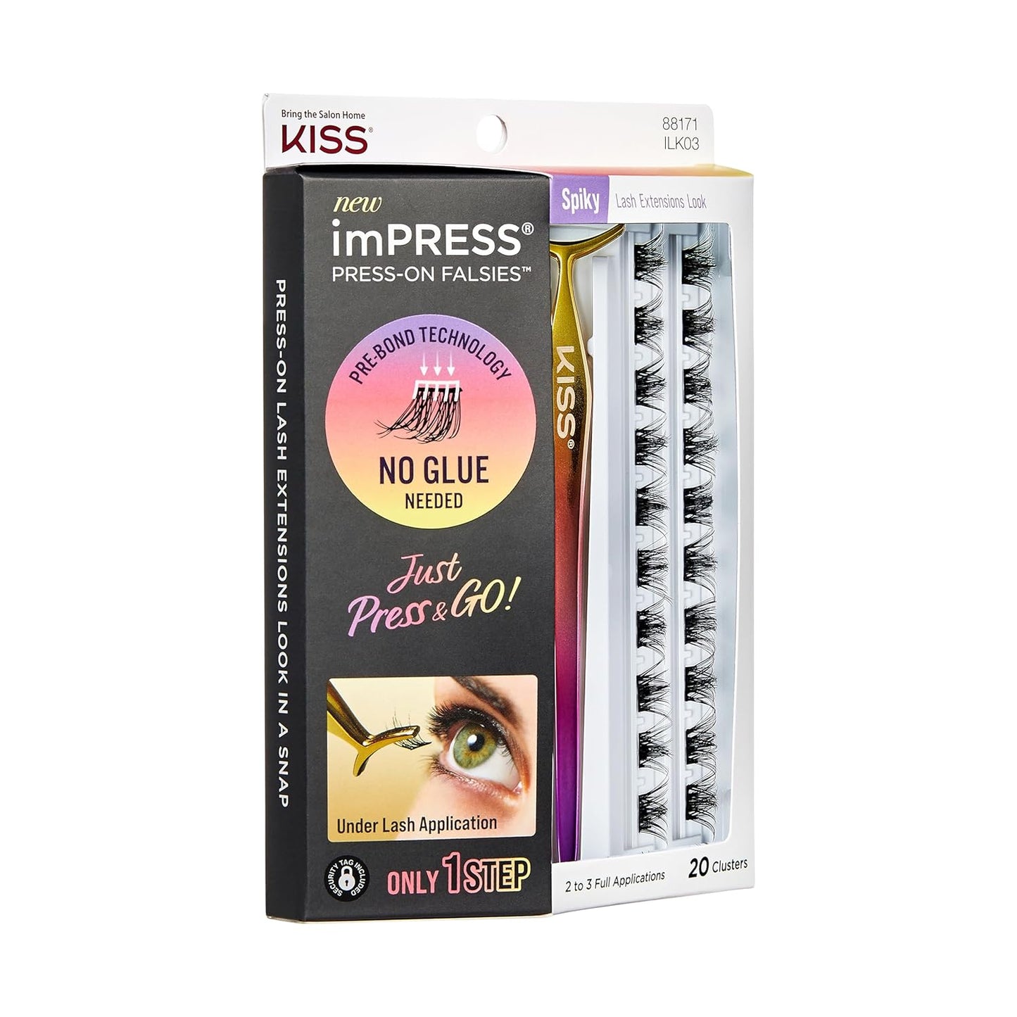 KISS imPRESS Falsies Press On Self Adhesive Eyelashes, 12mm-14mm Glam Volume Press On Lashes, Black, No Glue Needed, Invisible Band, 20 Lash Clusters & Non-Stick Applicator - Spiky
