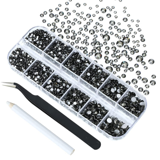 4240Pcs Black Diamond Flatback Rhinestones 6 Sizes Crystal Diamonds for Nail Art Crafts Clothes Shoes with Tweezers and Picking Pen