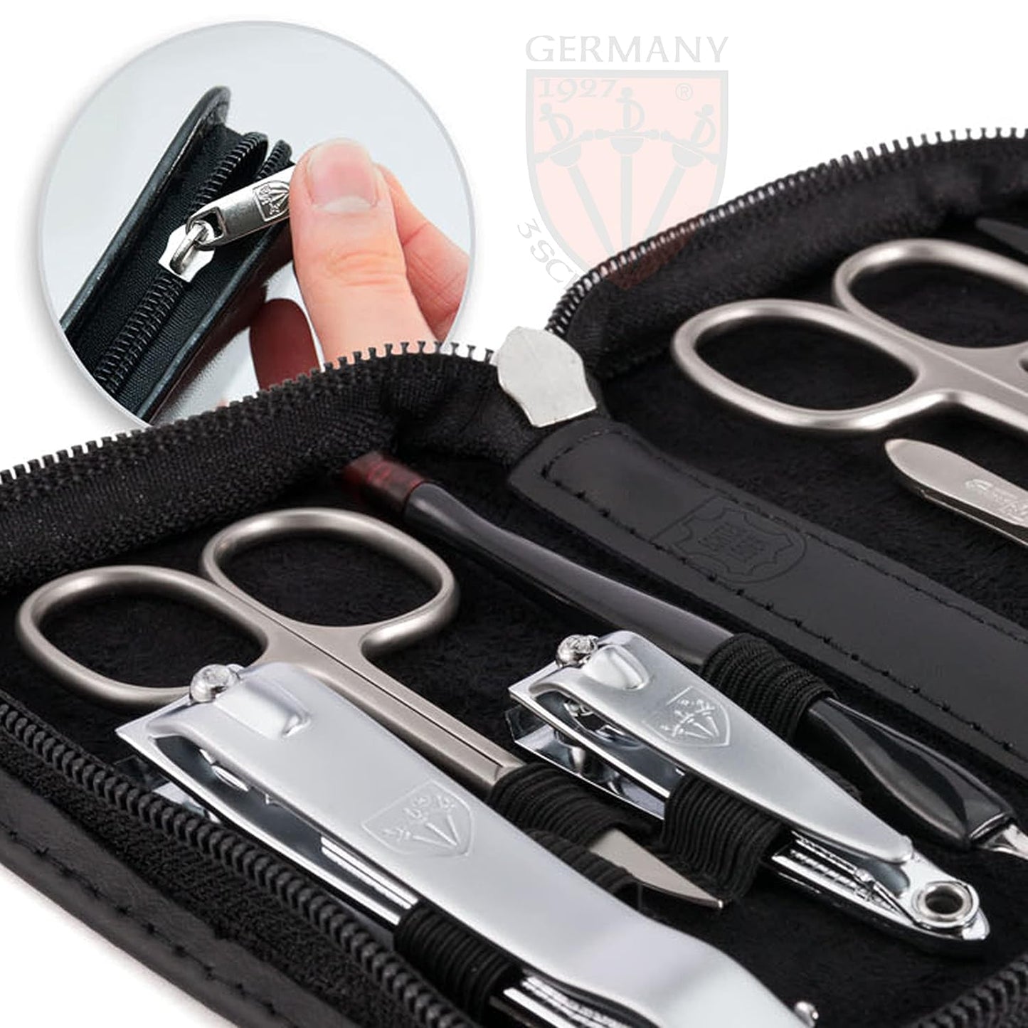 3 Swords Germany – brand quality 8 piece manicure pedicure grooming kit set for professional nail care with genuine leather case black - Made in Germany
