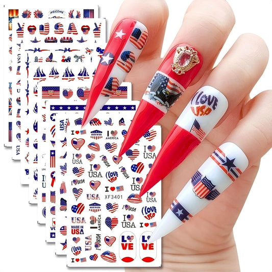 4th of July Nails Stickers for Nail Art - 8 Sheets 3D Self Adhesive Independence Day Nail Art Stickers American Flag Stars Letters USA Nail Decals Fourth of July Design Sticker for Women