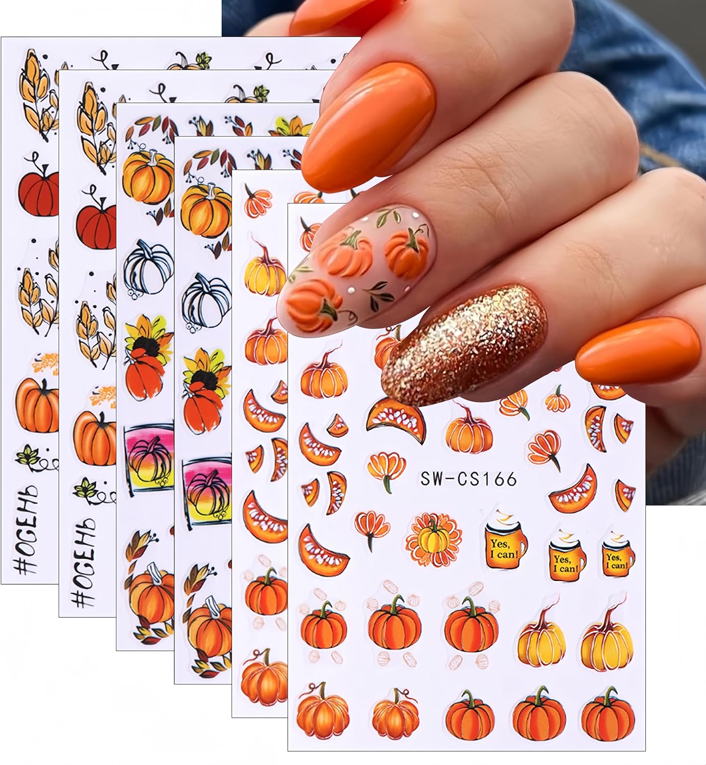 6Sheets Fall Nail Art Stickers 3D Nail Self-Adhesive Sticker Autumn Leaves Pumpkin Designs Nail Decals Ginkgo Leaf Pumpkin Dried Flower Autumn Thanksgiving for Women Girls DIY Nail Decorations