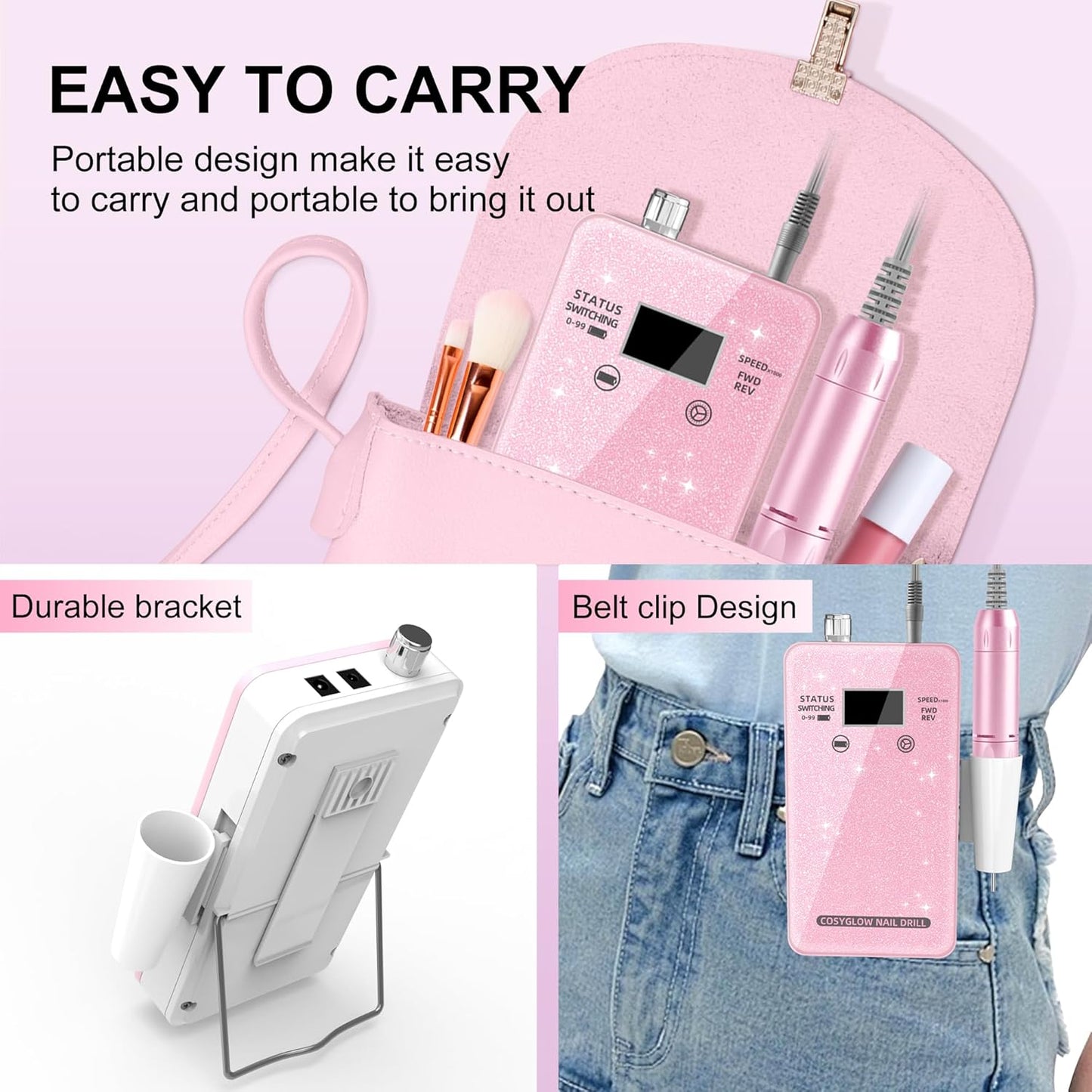 Professional Electric Nail Drill File:COSYGLOW Glitter Portable Cordless E-File Nail Drill Kit with 11 Drill Bits,30000 RPM Rechargeable Nail Drills Machine for Acrylic Nails Gel Polishing (Pink)