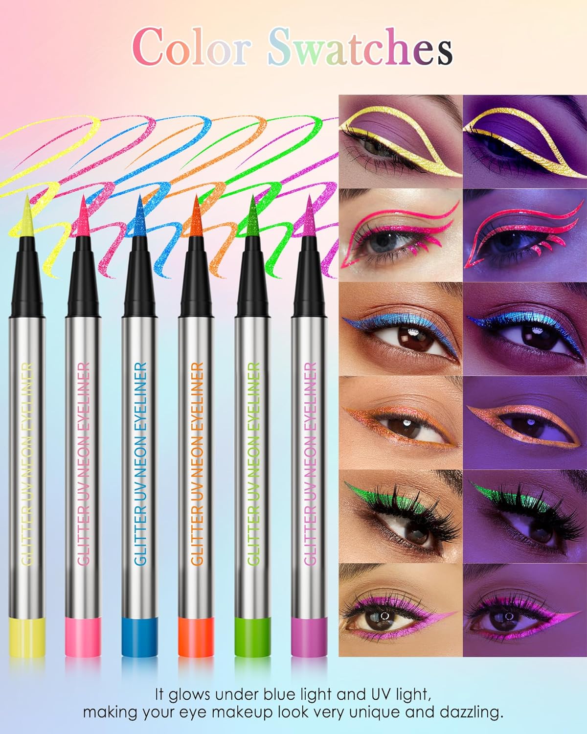 Glitter UV Neon Eyeliner Pencil, Waterproof Smudge-Proof Green Eye Liner Liquid Pen, High-Pigment Shimmer Eyeliner Pen Long-Lasting Colorful Professional Makeup, Halloween Rave Party Gift for Women-05