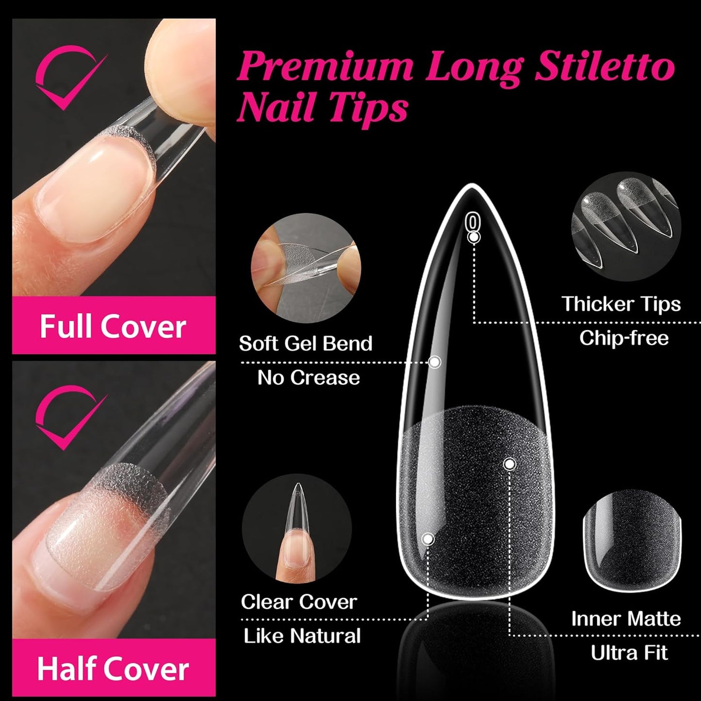 UNA GELLA Long Stiletto Gel Nail Tips Halloween Full Cover 504PCS Pre-shape Long Stiletto Almond Fake Clear Nails Tips No Need File Gel Tips No C Curve for Nail Extension DIY Art Salon 12 Sizes