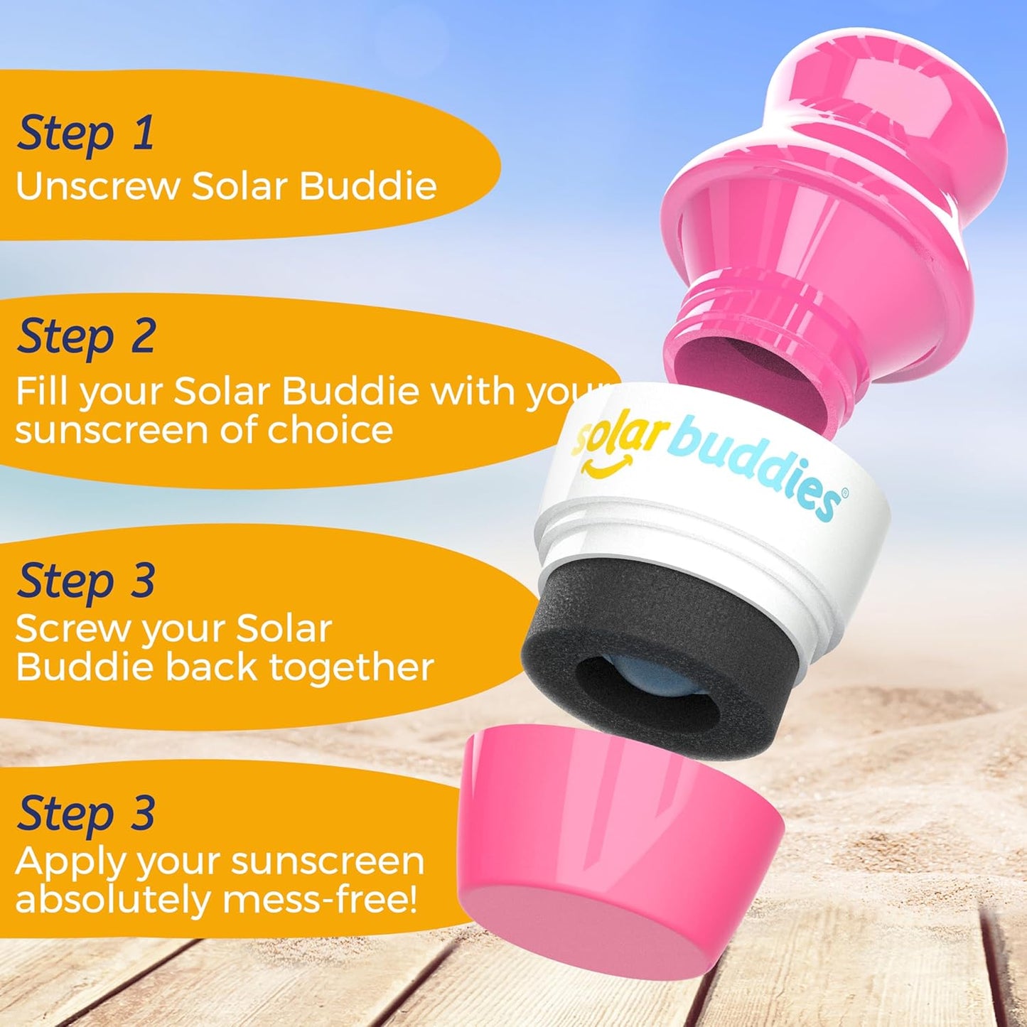Solar Buddies Sunscreen Applicator - Single Full Pink - Refillable Roll on Sponge Sunscreen, Suncream & Lotion Applicator For Kids, Adults & Families - Holds 3.4fl oz, Perfect Size for Travel