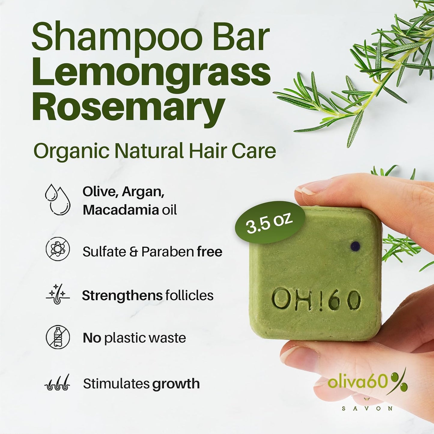 Shampoo Bar Lemongrass Rosemary - Olive, Argan, Macadamia Oil | Sulfate & Paraben Free | Organic Natural Hair Care | 3.5 oz | Shampoo for Oily Hair | No Plastic Waste | OLIVA 60