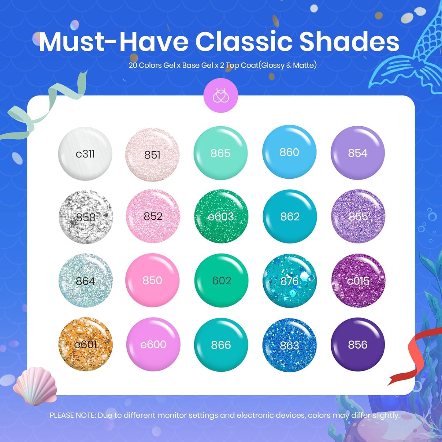 Beetles Purple Gel Nail Polish Set, 20 Colors Blue Green Pink Purple Shimmer Glitter Mermaid Gel Polish Kit with Base Top Coat Soak off Uv Nail Art Halloween Gifts for Women