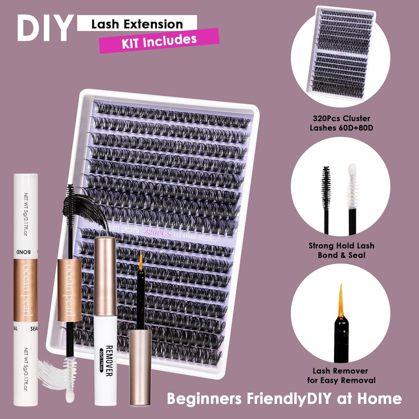 3D Thick Lash Extension Kit 320 Pcs Lash Clusters 60D+80D 10-16mm Eyelash Extension Kit Individual Lashes with lash bond and seal,remover,tweezers,Eyelashes,DIY Eyelash Extensions Kit-OCEAN PEARL