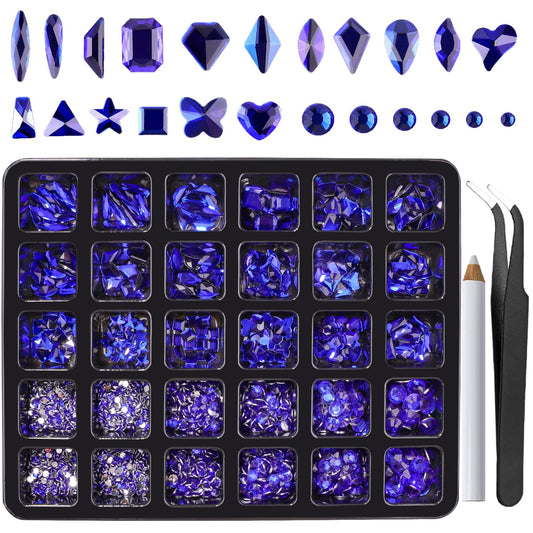 Canvalite 2900Pcs Blue Rhinestones for Nails, 18 Styles Multi Shape Nail Charms and Gems Shiny Glass Crystal Flatback Nail Rhinestones Set for Nail Art with Rhinestone Picker and Tweezers