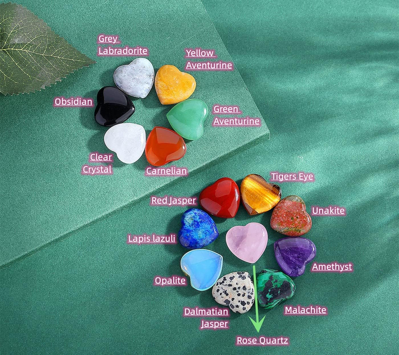 15 PCS Heart Crystals Healing Natural Pocket Stones Polished Love Shaped Palm Gemstones Rose Quartz Amethyst Assorted Set Reiki Energy Balancing Meditation Mother's Day Gift 0.8 Inch