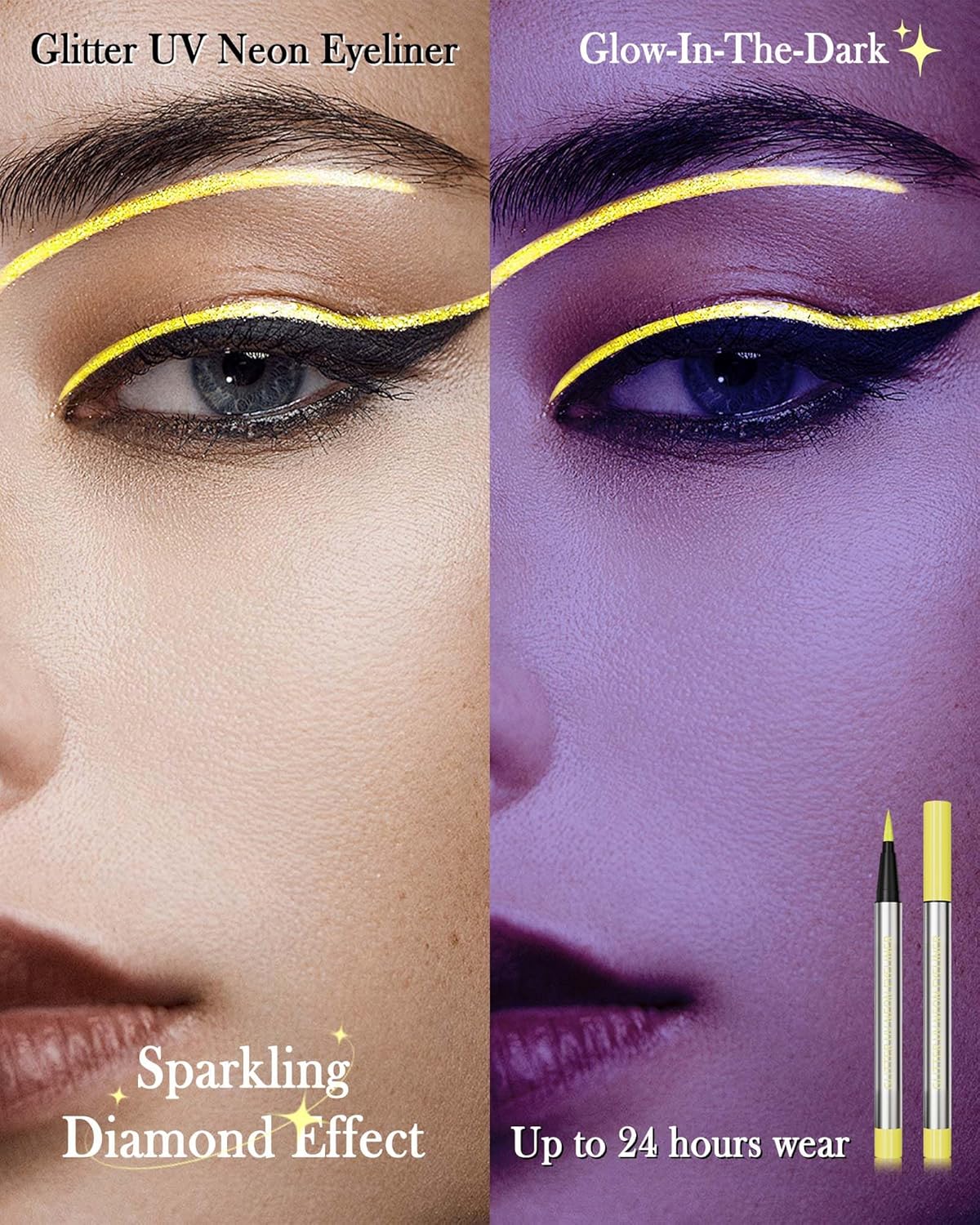 Glitter UV Neon Eyeliner Pencil, Waterproof Smudge-Proof Yellow Eye Liner Liquid Pen, High-Pigment Shimmer Eyeliner Pen Long-Lasting Colorful Professional Makeup,Halloween Rave Party Gift for Women-01