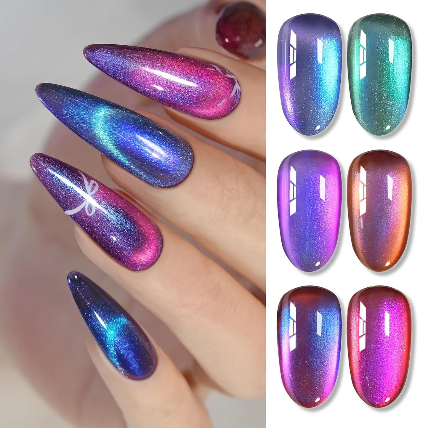 Born Pretty Magnetic Gel Nail Polish Set,Purple Blue Cat Magnetic Eye Gel Jelly Glass Crystal Magnetic Gel Polish Nail Art Manicure Kit 6PCS