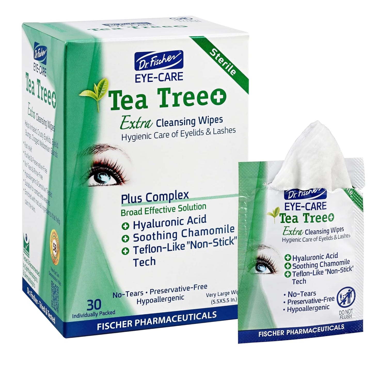 Dr. Fischer Tea Tree Oil Eye Wipes - Eyelid Wipes for Sensitive Eyes with Hyaluronic Acid and Chamomile, Makeup Remover, Daily Cleanser (30 wipes)