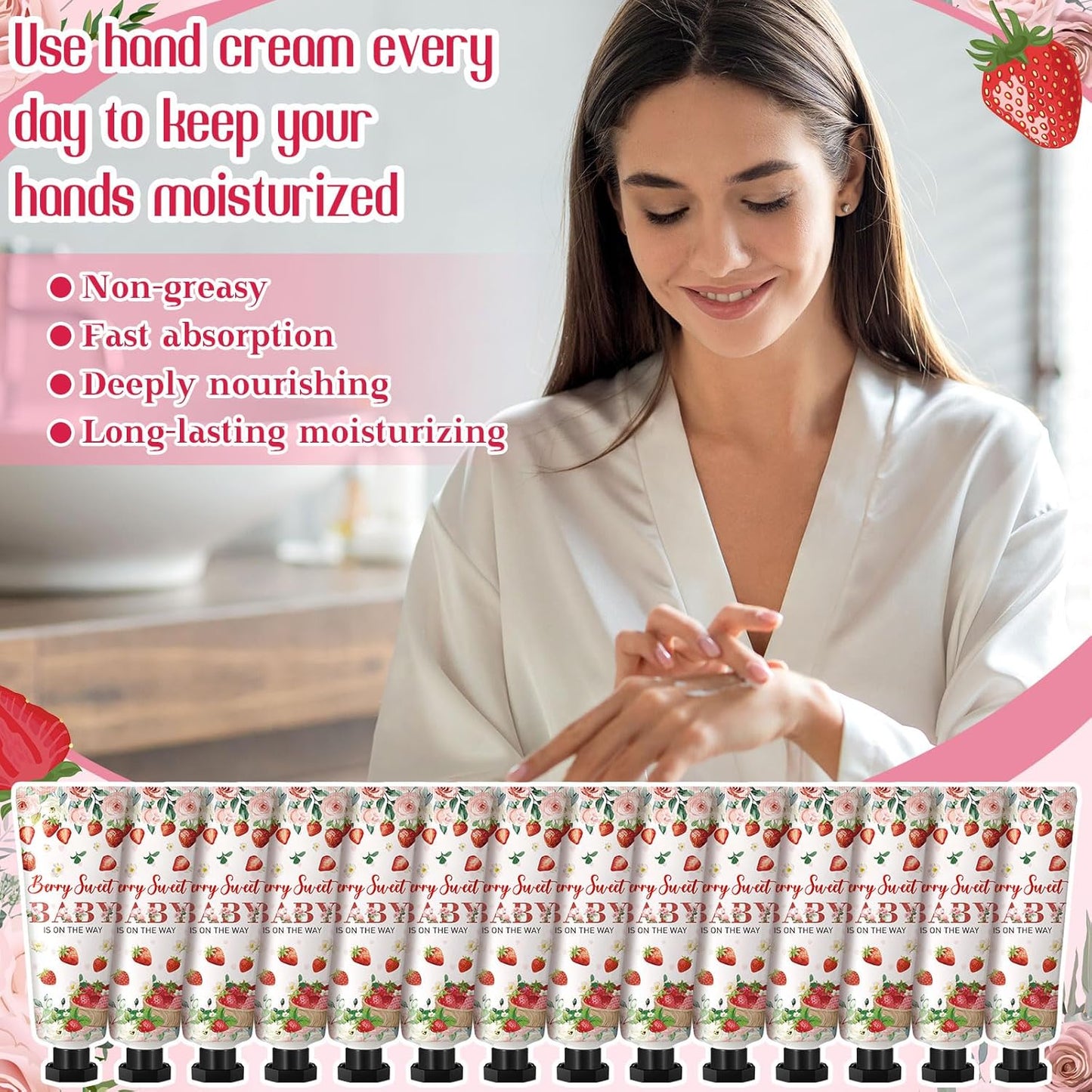 48 Sets Strawberry Hand Cream Gifts Baby Shower Party Hand Cream Favors for Guests Berry Sweet Baby Is on the Way Gift Bulk Travel Size Hand Lotion Set for Guest