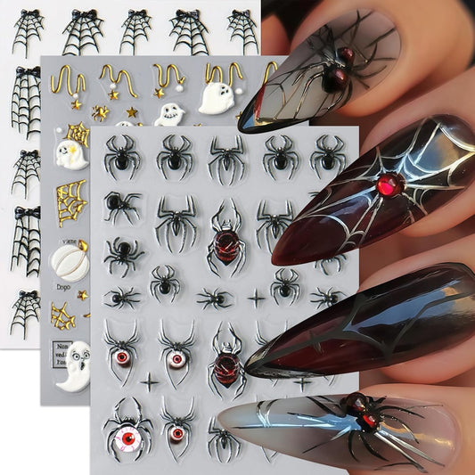 3 Sheets Halloween 5D Embossed Cute Ghost Nail Stickers Self-Adhesive Spider Web Spiders Nail Decals Horror Eyes Spider Nail Art Supplies Nail Accessories for Women Acrylic Manicure Holiday Supplies