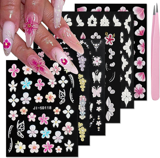 Spring Flower Nail Art Stickers Decals Floral Nail Decals Self Adhesive 5D Embossed for Women Nails Design Decoraion Colorful 3D Flower Mails Stickers Supplies