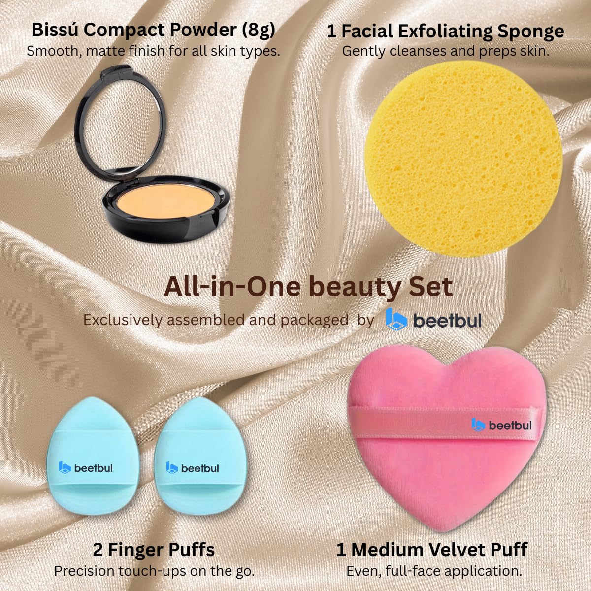 Beetbul Makeup & Exfoliation Kit - Bissú Compact Powder + 1 Medium Velvet Puff + 2 Finger Puffs + 1 Facial Exfoliating Sponge (14 Cappuccino, One Size)