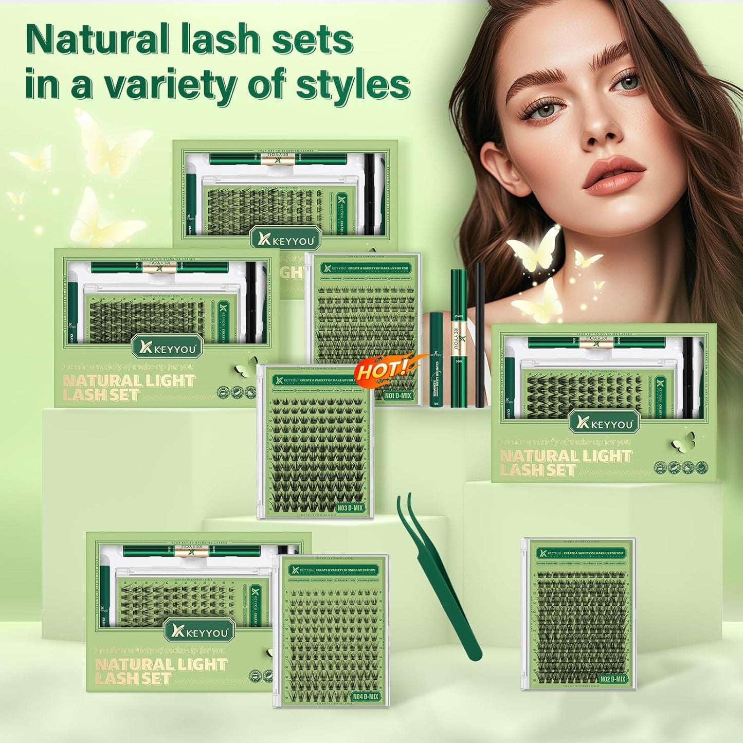 Natural Lash Clusters Kit 144Pcs DIY Lash Extension Kit Wispy Eyelash Extensions Kit D Curl 8-18MIX with Bond and Seal and tweezers with Thin Lash Band by KEYYOU（KIT-N04-D-8-18MIX）