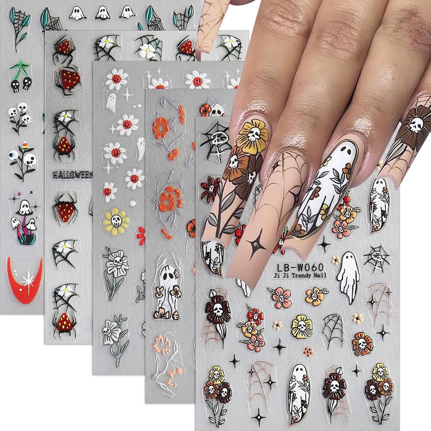 Ghost Nail Stickers 5D Embossed Halloween Nail Decals 5PCS Self-Adhesive Flower Spider Web Ghost Skull Nail Design Sticker Gothic Nail Art Supplies Accessories Cute Spooky Nail Art Stickers for Women