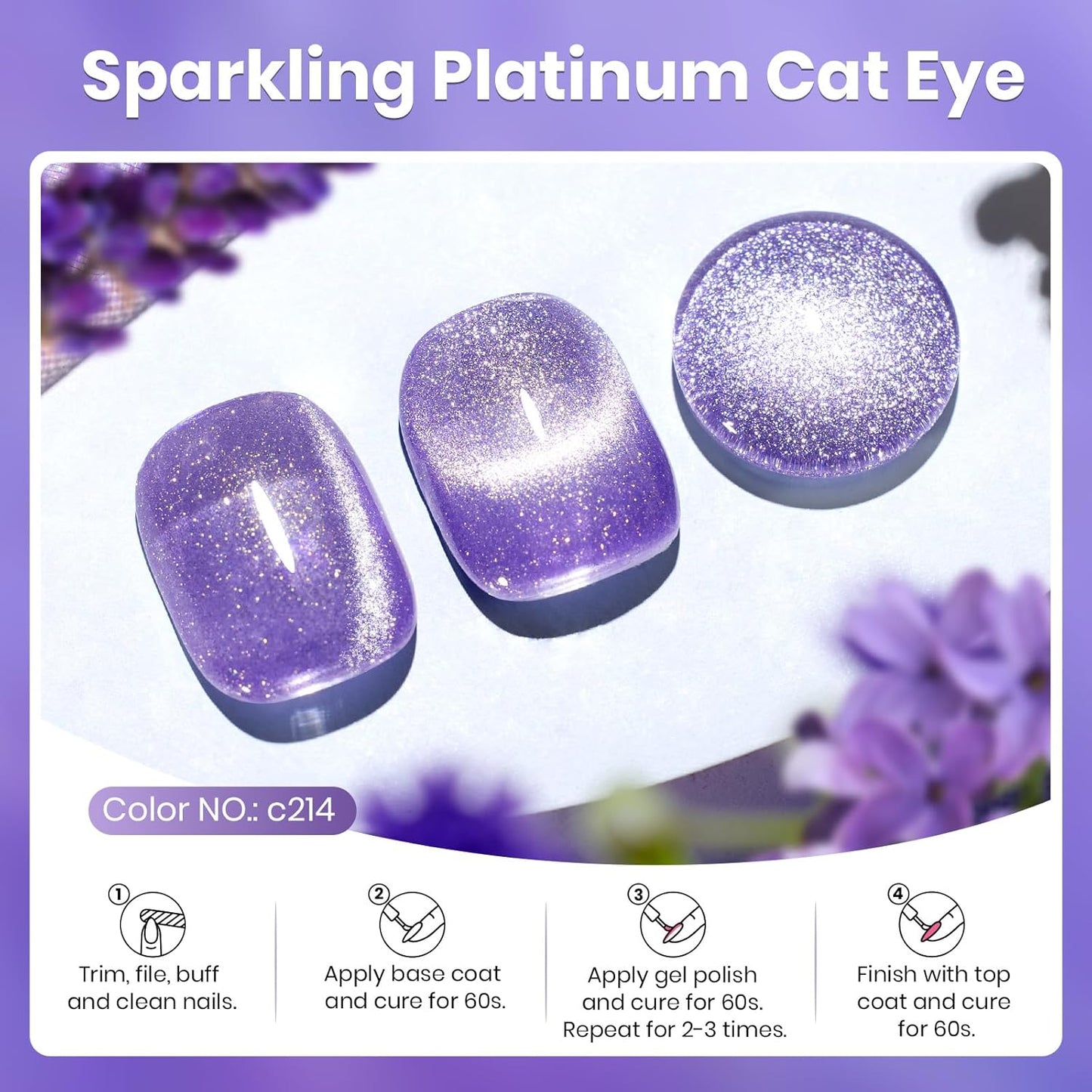 Beetles Purple Cat Eye Gel Polish, 15ML Purple Cat Eye Glitter Gel Polish with Magnet Soak Off UV Shimmer Velvet Gel Twilight Lavender Series French Nail Art Design Manicure Gifts for Women