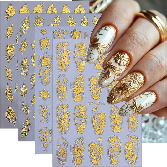 3D Gold Nail Art Stickers 4 Sheets Metallic Flower Leaf Nail Stickers Retro Totem Floral Nails Decals Self Adhesive Gold Designs Luxury Accessories Manicure Supplies for Women DIY Acrylic Decorations