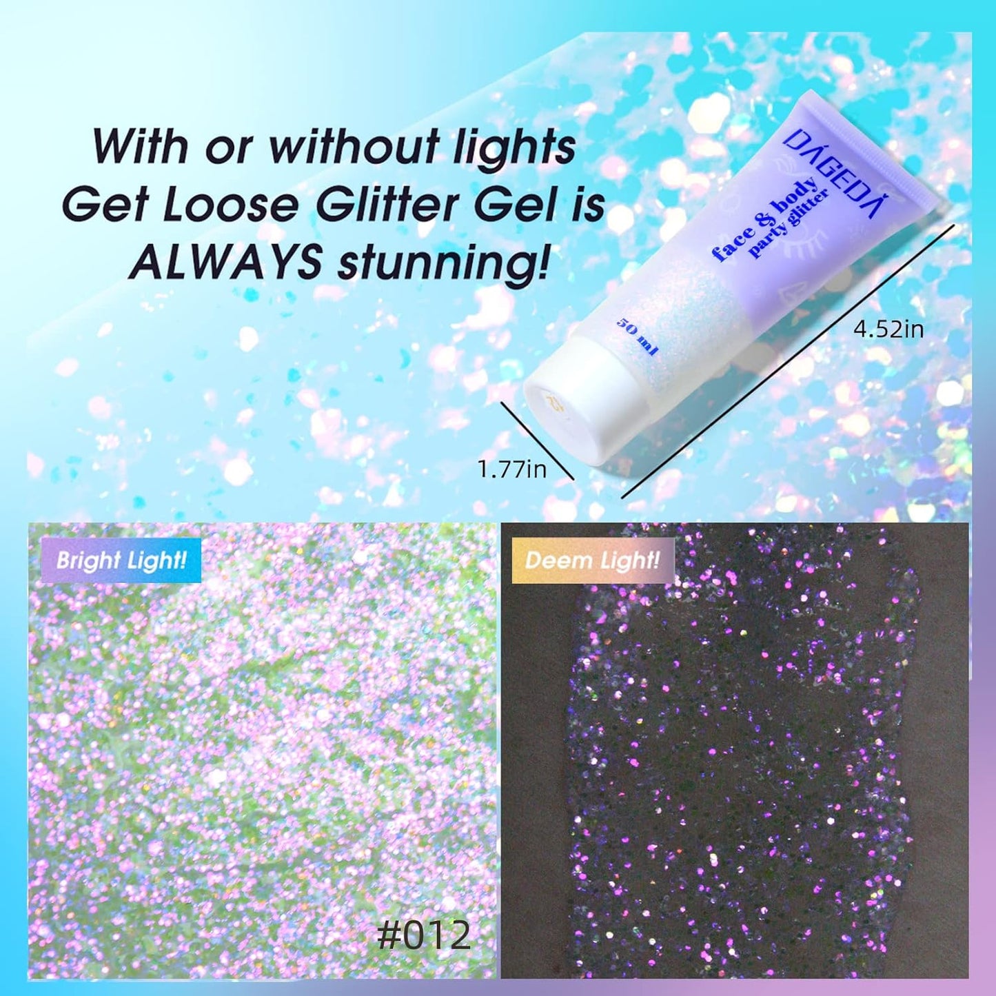 DAGEDA Body Glitter Gel, Holographic Face Glitters Body Gel Shimmer Liquid Eyeshadow, Color Changing Glitter for Face Hair Nails, Glitter Under Light Festival Glitter Makeup 1.7oz (Sparkling Pink)