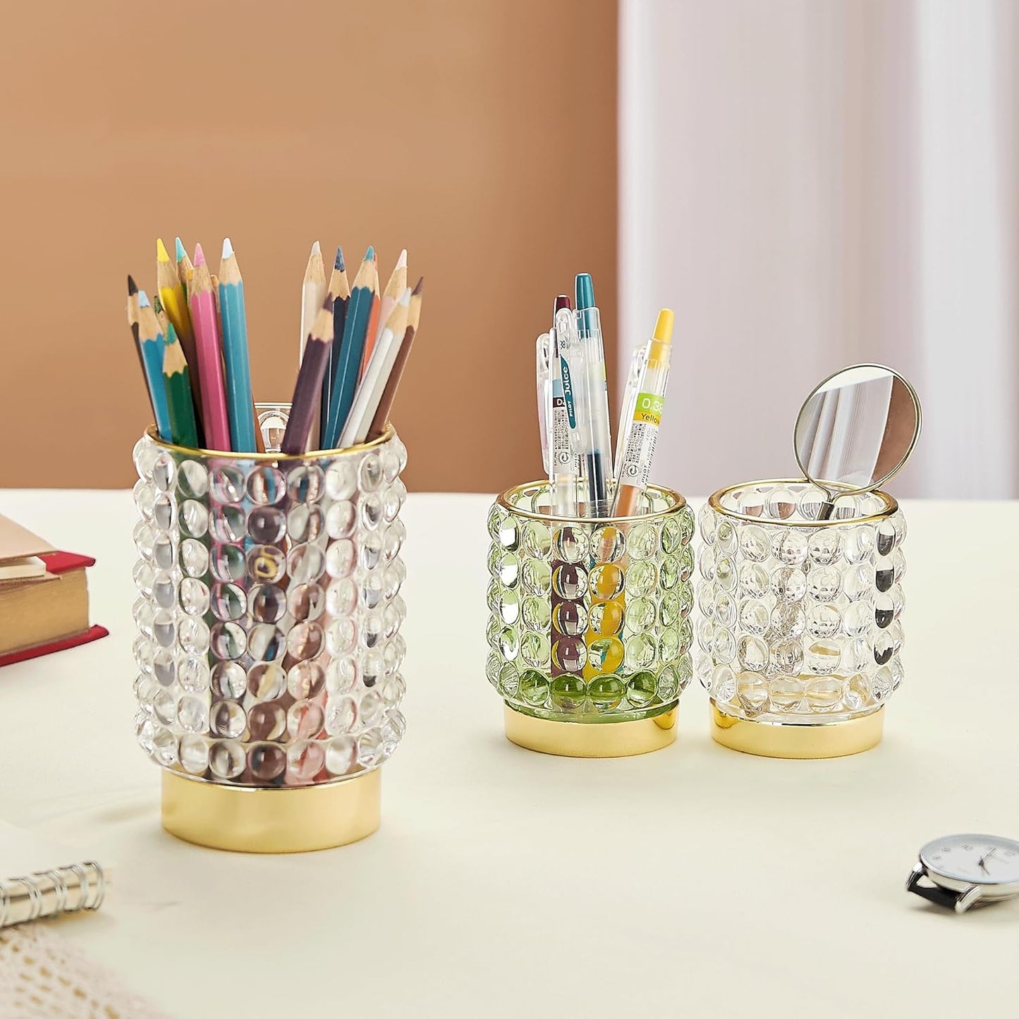 Makeup Brush Holder Organizer,Toothbrush Holders,Desk Pen Pencil Holder,Multifunctional Vintage Glass Brush Cup(A38-1-US/Clear/L)