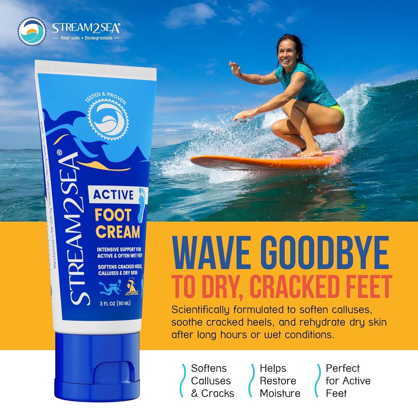 STREAM 2 SEA Active Foot Cream, Intensive Support for Active & Often Wet Feet - Softens Cracked Heels, Calluses & Dry Skin, Enriched with Neem and Tea Tree, Fast-absorbing and Non-greasy - 3 Pack
