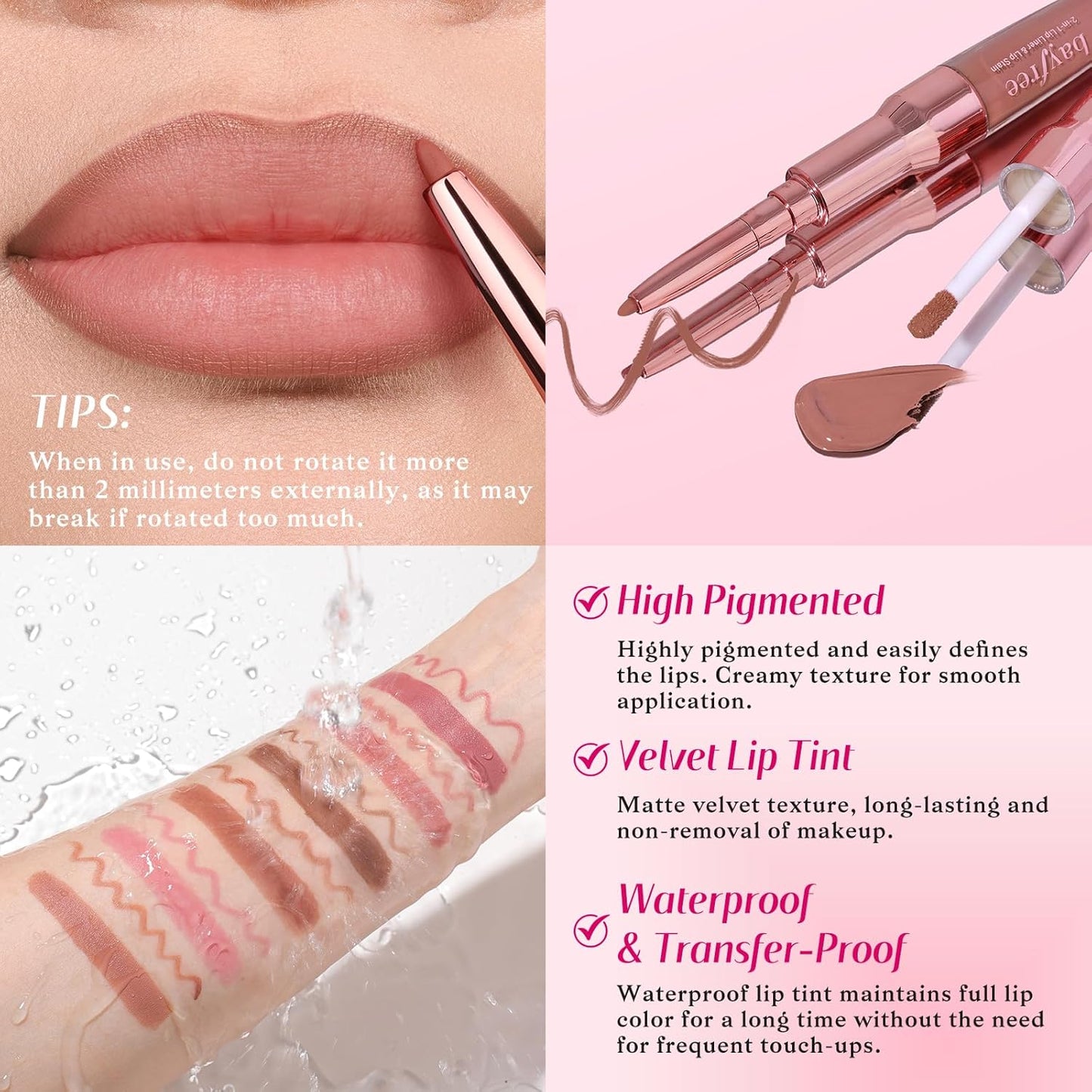 2-IN-1 Lip Liner and Lip Stain, High Pigmented Long Lasting Velvet Lip Tint, Well-Defined Lipliner, Weightless Waterproof Not Animal Tested, Matte Finish Makeup