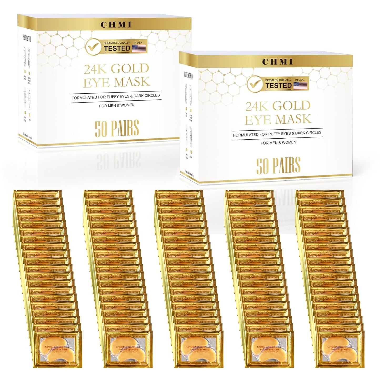 CHMI Under Eye Patches (100 Pairs) - 24K Gold Eye Patches for Puffy Eyes, Dark Circles, Eye Bags and Wrinkles, Collagen Skin Care Products, Beauty & Personal Care