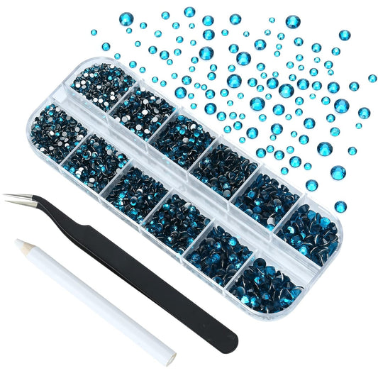 4240Pcs Malachite Blue Flatback Rhinestones 6 Sizes Crystal Diamonds for Nail Art Crafts Clothes Shoes with Tweezers and Picking Pen