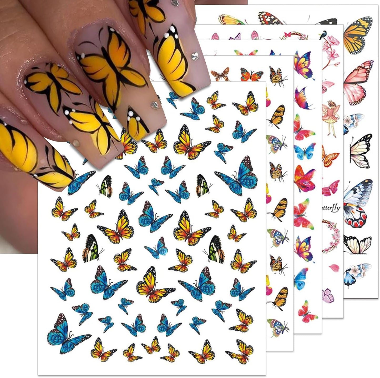 12 Sheets Butterflies Nail Art Stickers, Self-Adhesive 3D Butterflies Wings Nail Decals, Variety Color Glitter Design Nail Decorations
