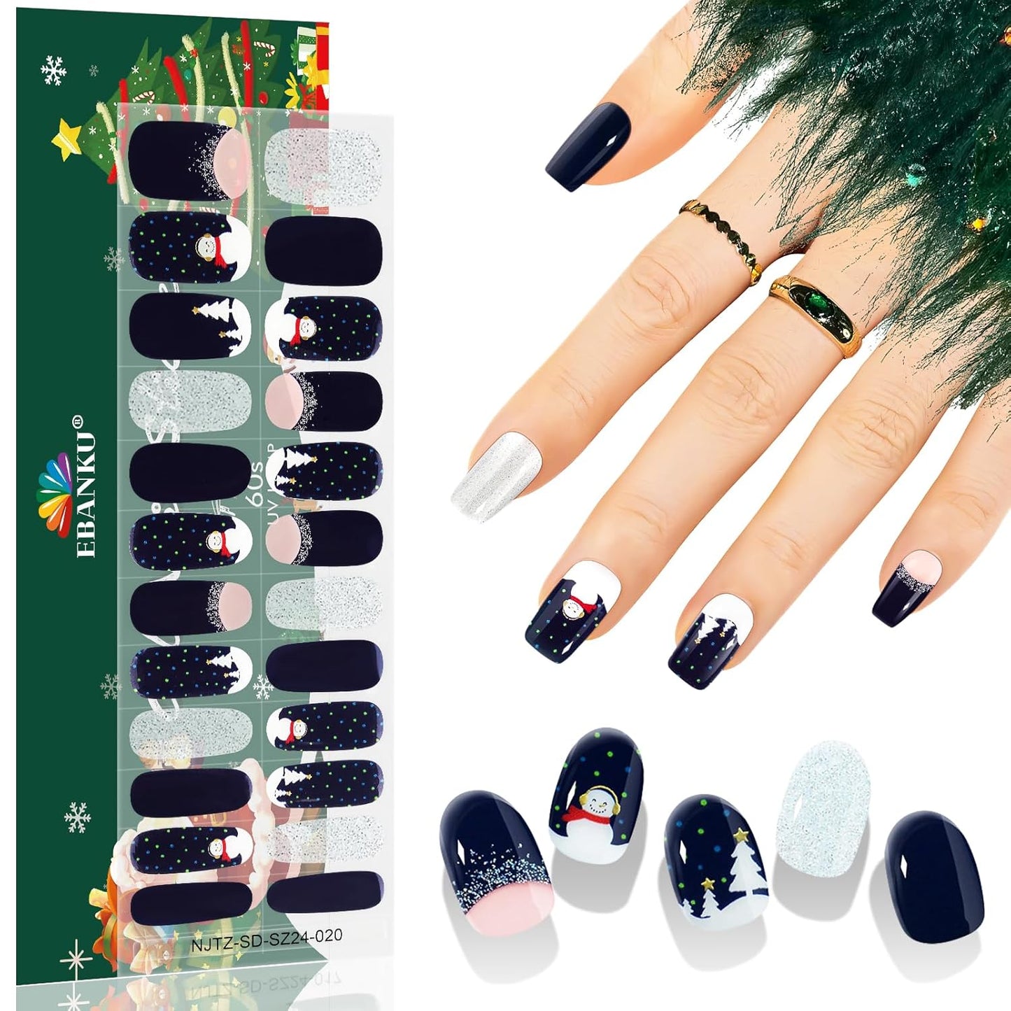 EBANKU 24PCS Christmas Semi-Cured Gel Nail Strips, Snowman Snowflakes Adhesive Gel Nail Art Sticker, Waterproof Gel Nail Wrap Stickers with Nail File and Stick