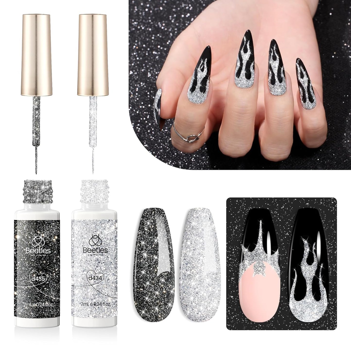 Beetles Reflective Glitter Gel Polish, 2 Pcs Liner Gel Nail Polish Set Black Silver Nail Art Gel Glitter Gel Nail Polish Diamond Shinning Liner Nail Art Design Gifts for Women New Trend