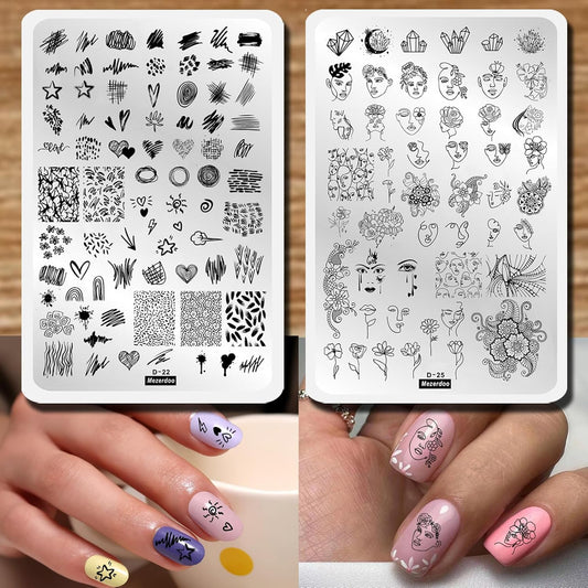Abstract Lady Face Pattern Nail Stamping Plates Set 2pcs Flower Leaf Graffiti Fun Nail Stamper Plate Figure Rose Star Heart Nail Stamp Plates Geometry Graffiti Striped Nails Art Template Plates Mold