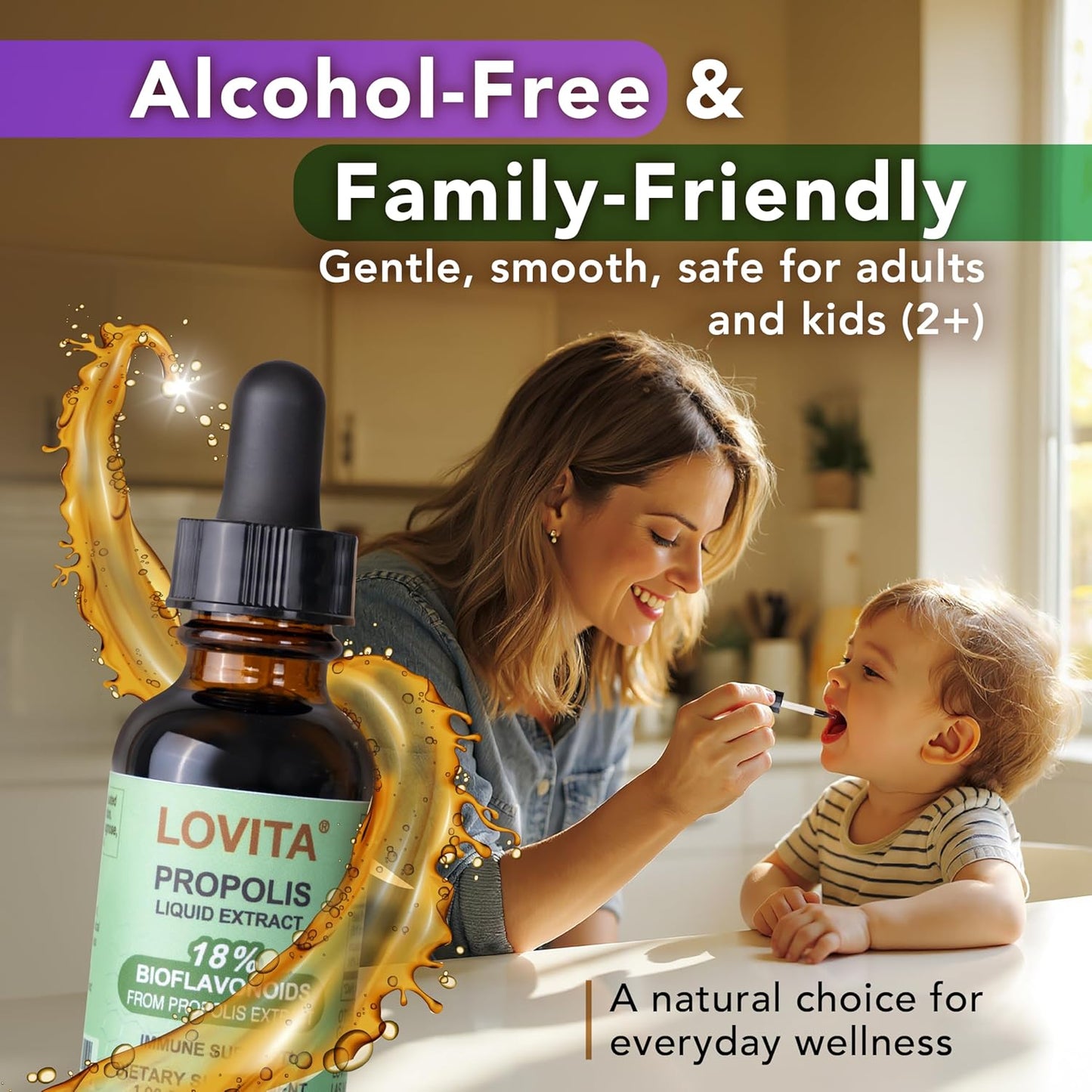 Lovita Bee Propolis Liquid Extract 500mg, 5:1 Resin Drops with 18% Bioflavonoids, Alcohol-Free Antioxidant, Immune Support & Throat Soothing, Gluten-Free, Non-GMO, 1 Fl Oz (30 mL), 30 Day Supply