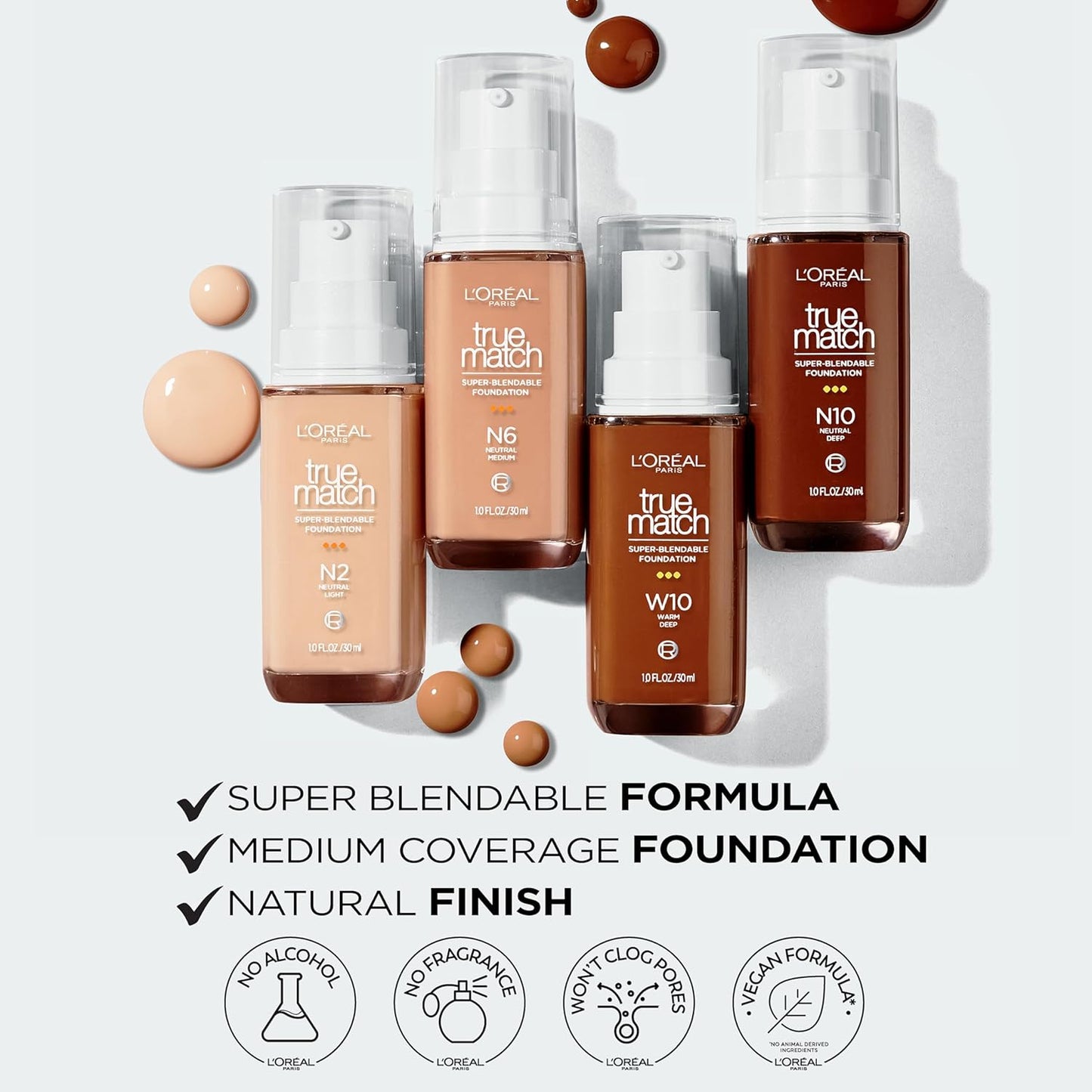 L'Oreal Paris True Match Super-Blendable Foundation, Medium Coverage Liquid Foundation Makeup, N3, Light Medium, 1 Fl Oz