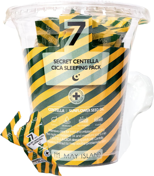 MAYISLAND 7 Days Secret Centella Cica Sleeping Mask - Korean Overnight Mask Soothing & Moisturizing Cream with Cica & Sunflower Oil - Single-Use Individual Pouch, 0.17oz x 12 Pack