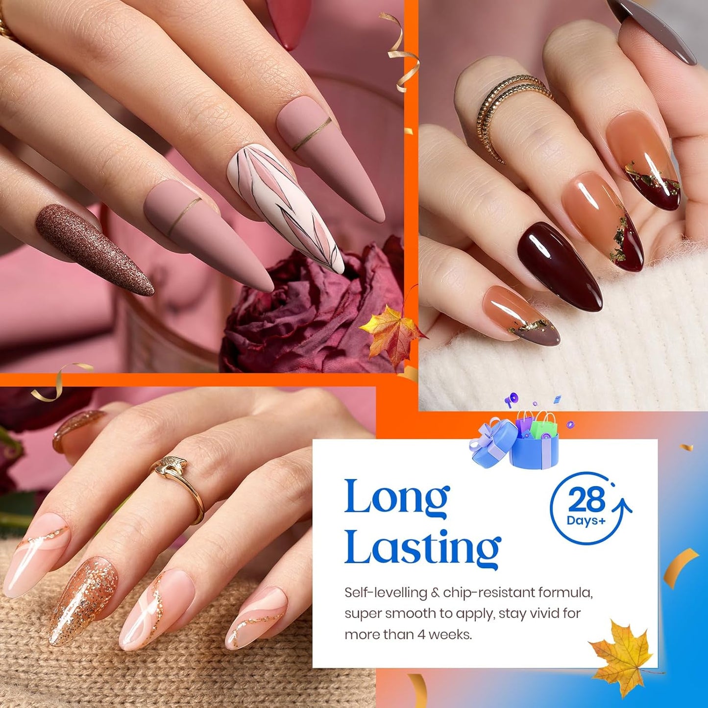 Beetles Gel Nail Polish Kit, 23Pcs Fall Nude Pink Brown Burgundy Red Gel Polish Set with Base Top Coat Verse of Roses Kit, Soak off Uv Gel Golden Glitter Holiday Nail for Women