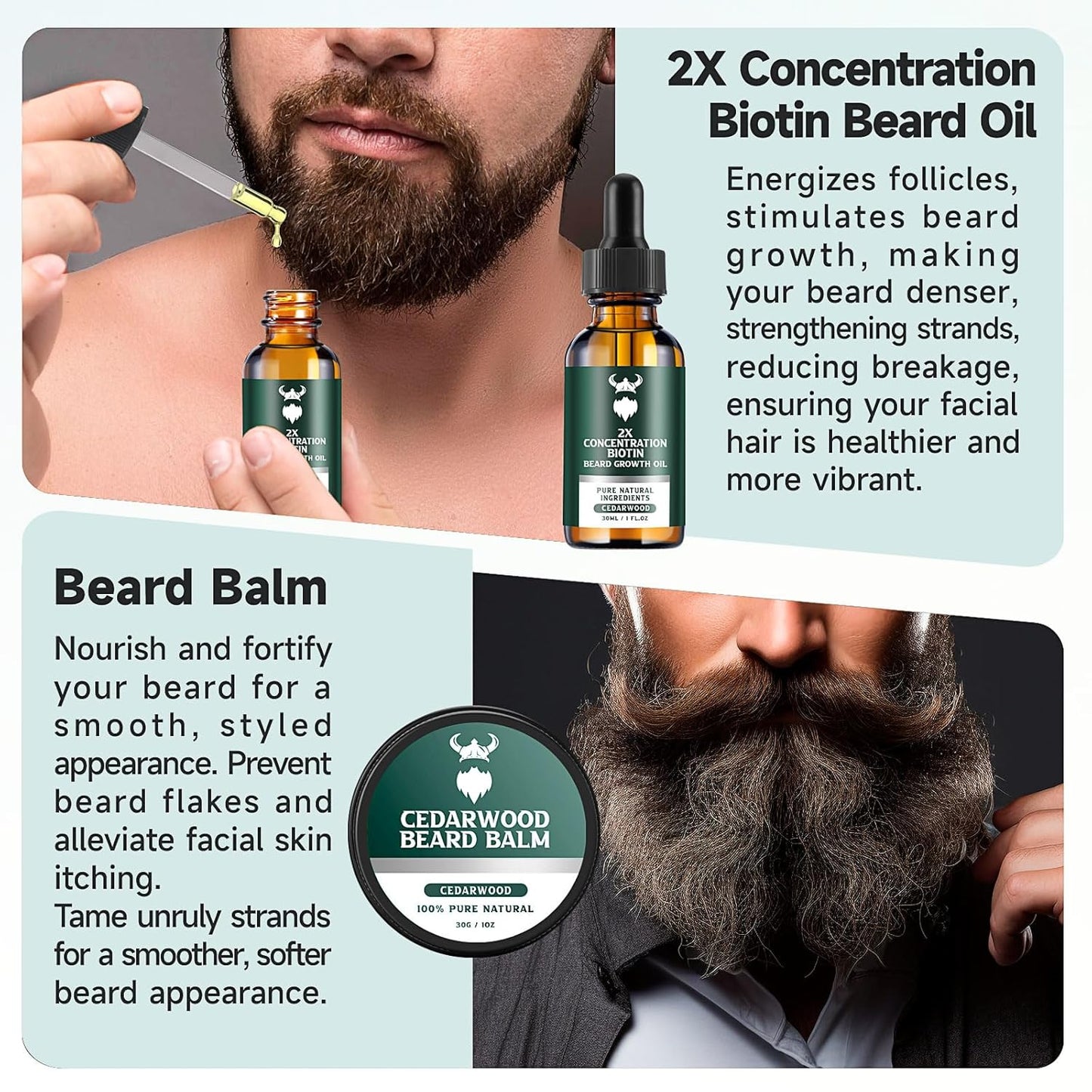 Beard Growth Kit - 2X Concentration Biotin for Men, Natural Argan, Jojoba Oils and Vitamins (Cedarwood)