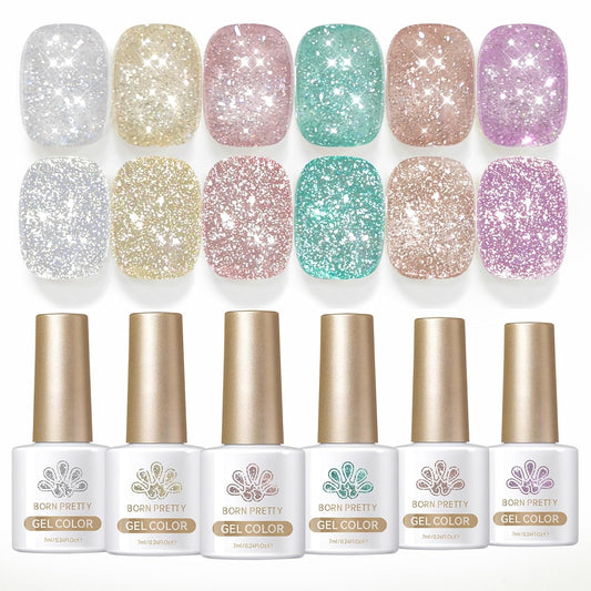 Born Pretty Reflective Glitter Gel Nail Polish, 6 Spring Summer Colors Holographic Gel Polish Long Lasting Sparkly Shiny Nail Polish U V Set for Manicure and Nail Art, DIY at Home, Salon-Quality 7ml