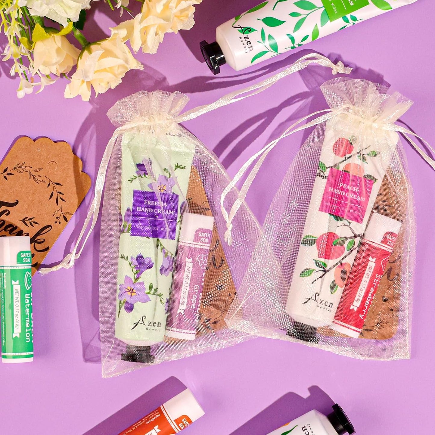 AZEN 120 Sets Bulk Gifts, Hand Cream and Lip Balm Bulk Set with Organza Bag Thank You Card, Baby Shower Wedding Gifts for Guests, Bridal Wedding Favors for Guests,Thank You Gifts for Women